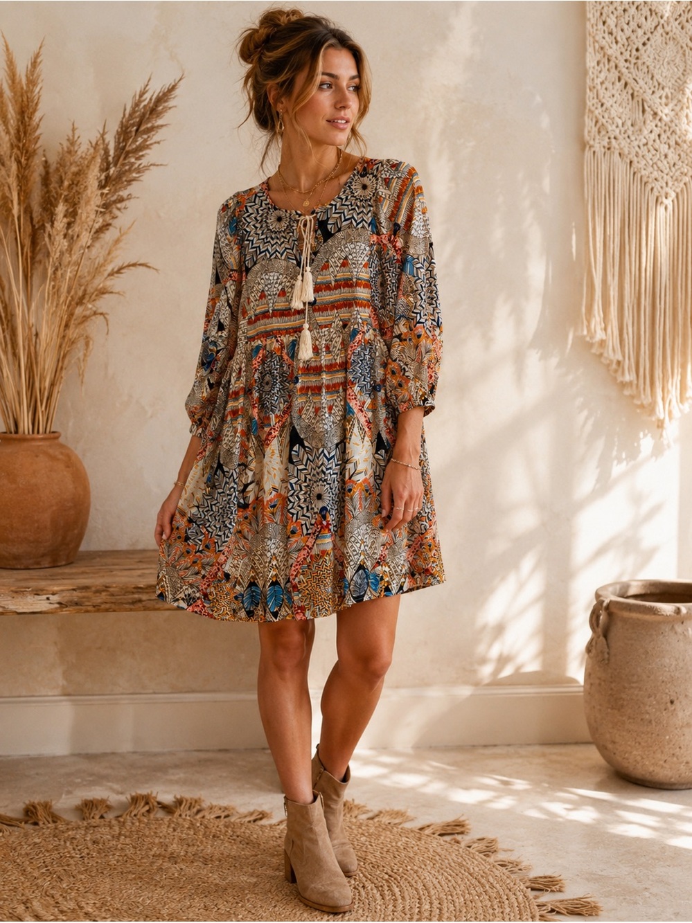 Boho Geometric Peasant Dress | Empire Waist Tassel Tie Balloon Sleeve Mini